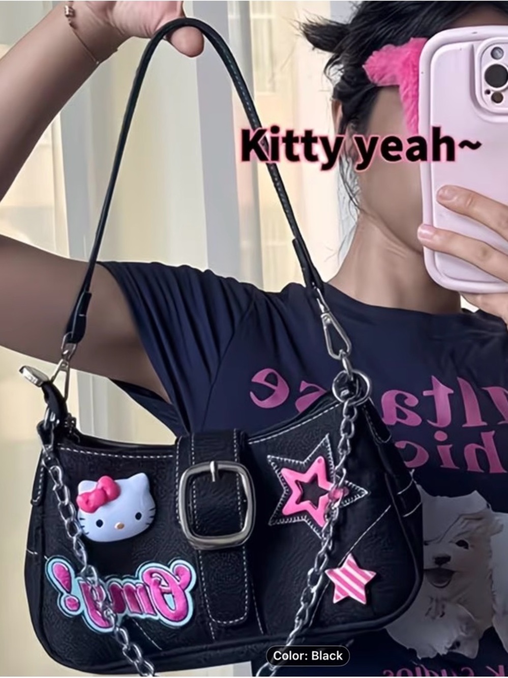 Sanrio Hello Kitty Y2K Shoulder Bag Black Kawaii Purse Chain Strap Cute Mini Bag - Picture 8 of 9